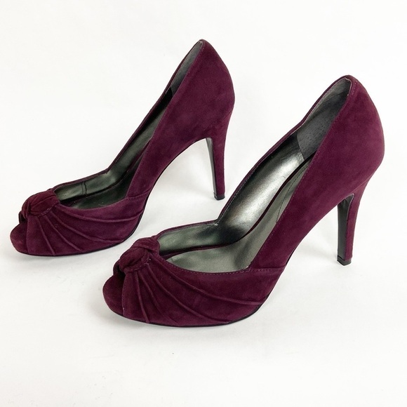 GUESS Leather Suede Wgnelana Gathered Knot Peep Toe Burgundy High Stiletto Heels - Picture 16 of 16
